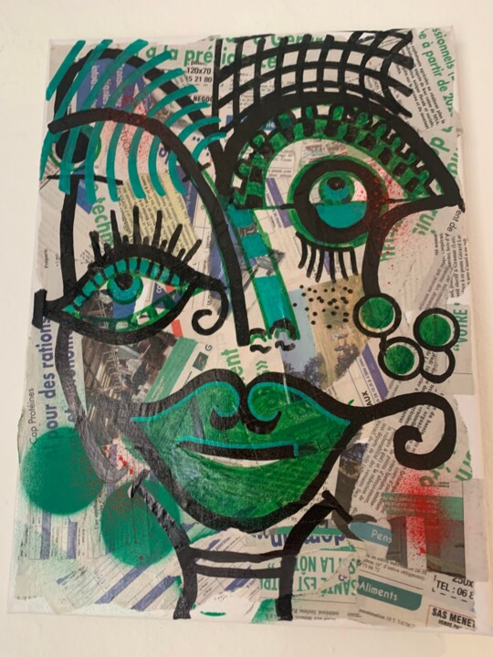 Painting titled "PEINTURE COLLAGE /…" by Sylvie Mercadier Cougoule, Original Artwork, Marker Mounted on Wood Stretcher frame