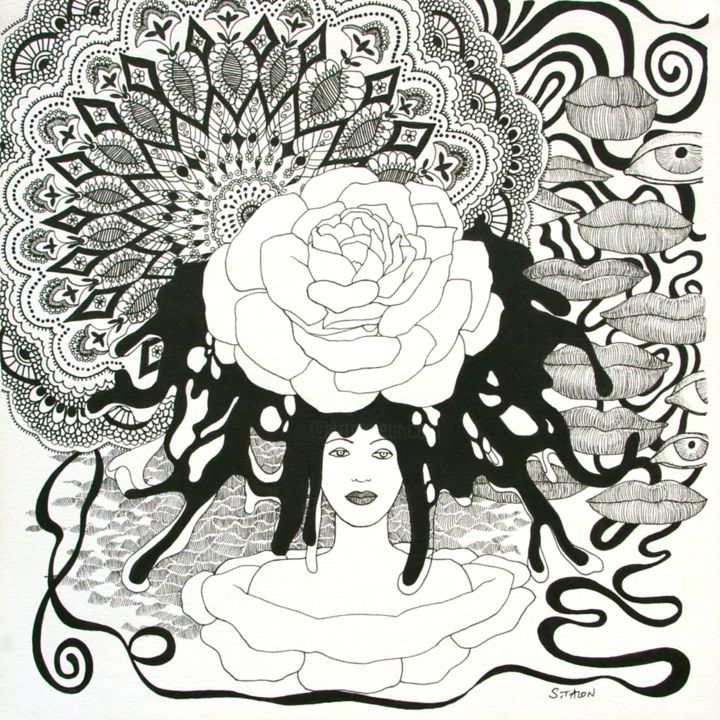 Dibujo titulada "Roseline" por Sylvie Talon, Obra de arte original, Tinta
