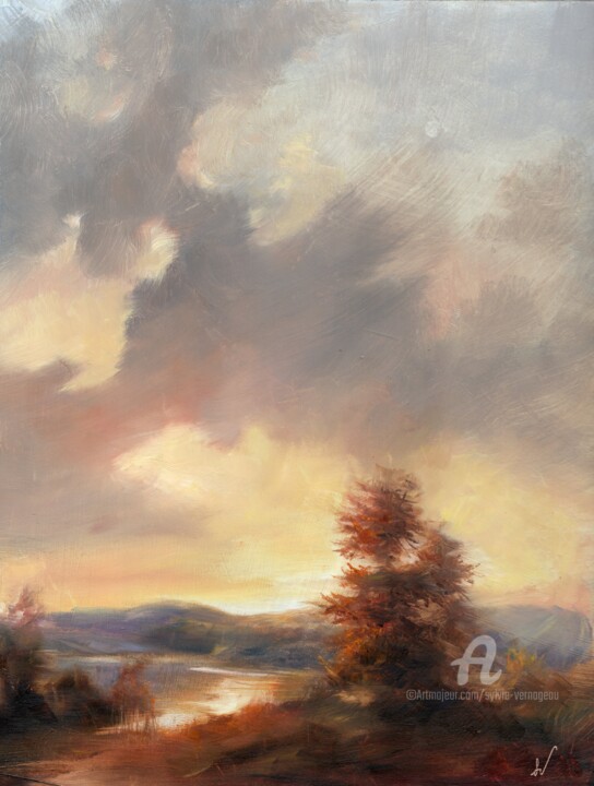 Painting titled "Paysage doré" by Sylvie Vernageau, Original Artwork, Oil