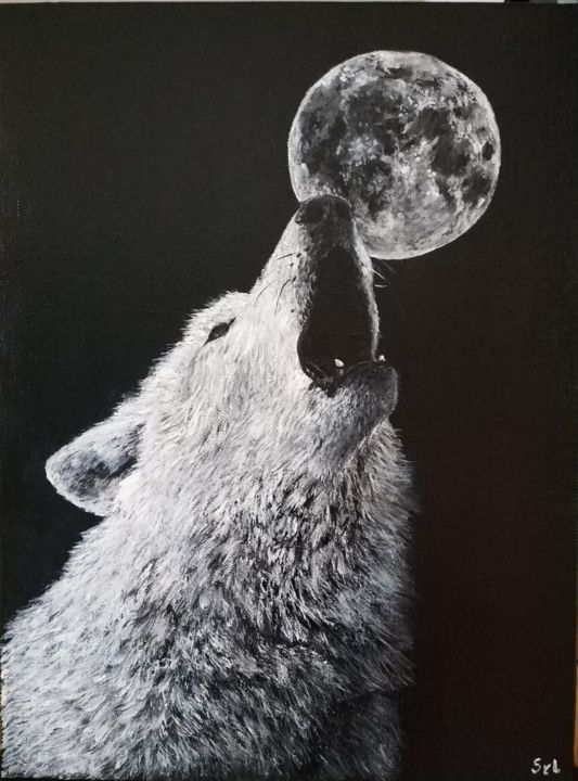 Peinture intitulée "Le loup et la lune" par Sylvie Lescan, Œuvre d'art originale, Acrylique Monté sur Châssis en bois