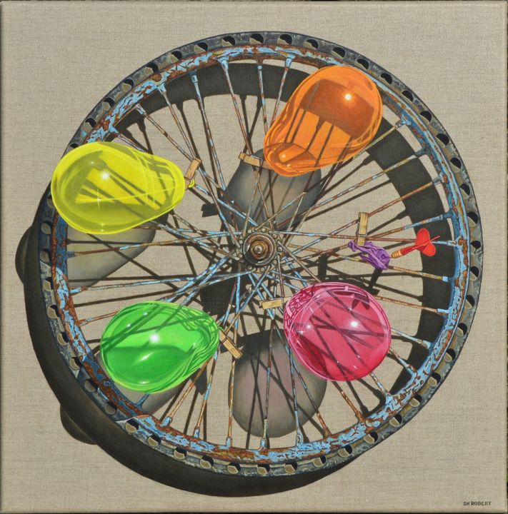 Painting titled "LA ROUE PÈTE" by Sylvie Robert, Original Artwork, Acrylic Mounted on Wood Stretcher frame