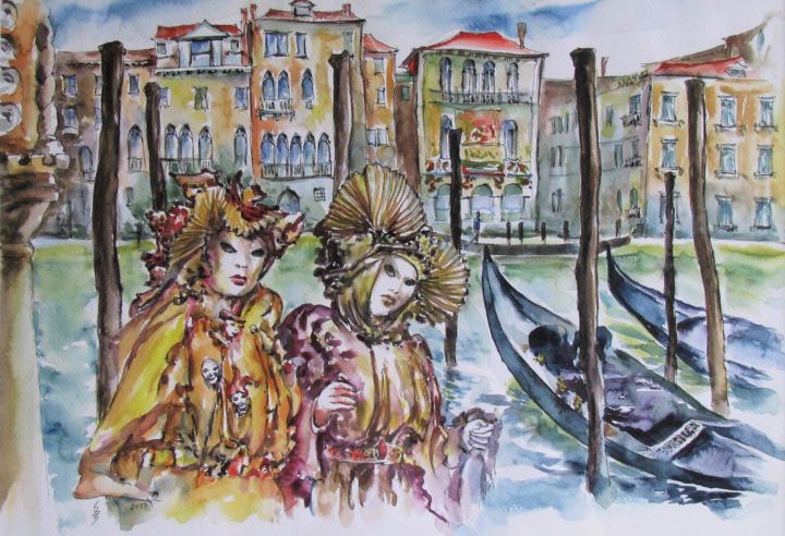 「Carnival in Venice」というタイトルの絵画 Zsolt Székelyhidiによって, オリジナルのアートワーク, 水彩画