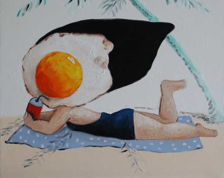 Peinture intitulée "Egg girl on the bea…" par Ta Byrne, Œuvre d'art originale, Huile