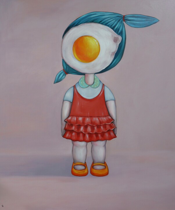 Painting titled "Cute Egg Girl" by Ta Byrne, Original Artwork, Oil