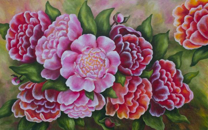 Painting titled "Peony Flowers" by Inna Esina, Original Artwork, Oil