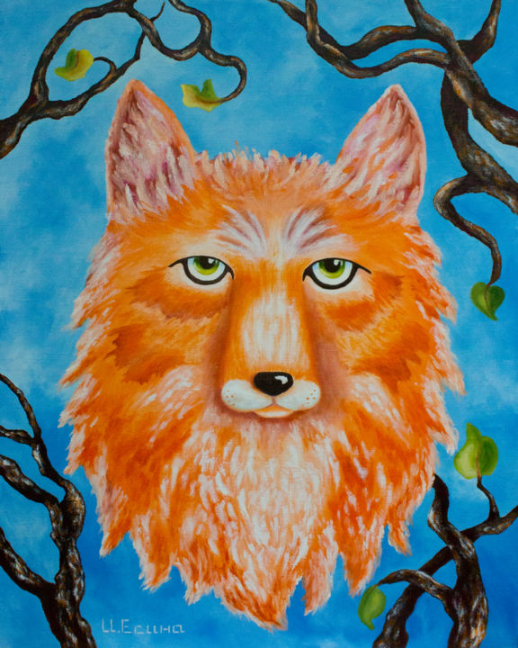 Painting titled "Red Wolf Forest Kee…" by Inna Esina, Original Artwork, Oil