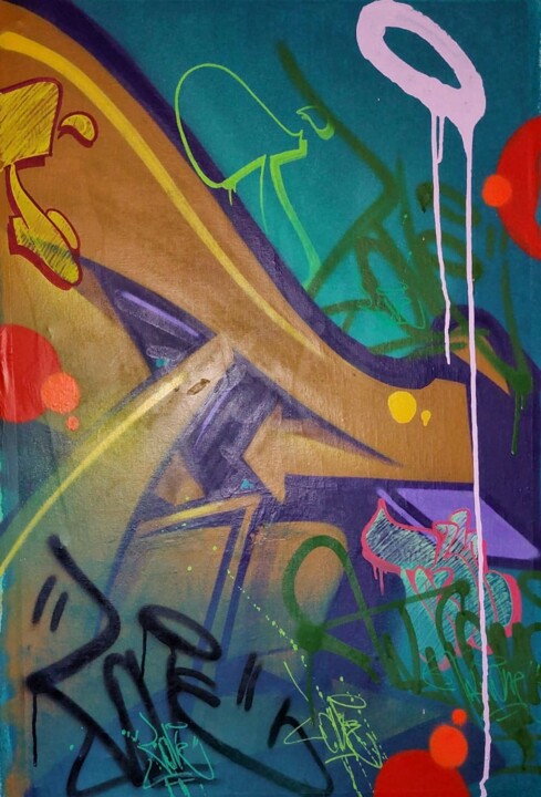 Malarstwo zatytułowany „T” autorstwa Talu, Oryginalna praca, Farba w spray'u Zamontowany na Drewniana rama noszy