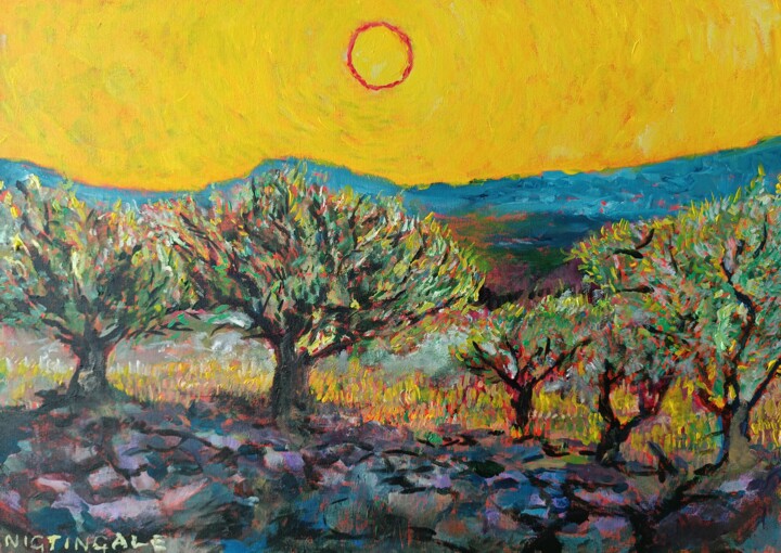 Malerei mit dem Titel "Olive grove in late…" von Tam Nightingale, Original-Kunstwerk, Acryl Auf Keilrahmen aus Holz montiert