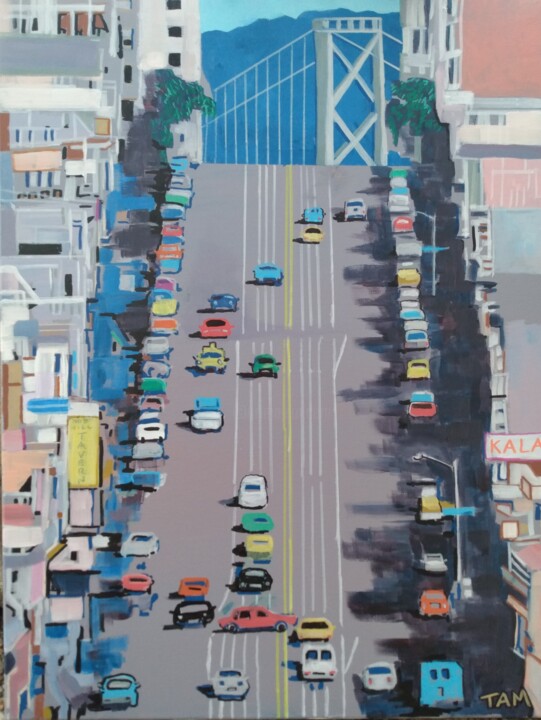 Painting titled "Nob Hill, San Franc…" by Tam Nightingale, Original Artwork, Acrylic Mounted on Wood Stretcher frame