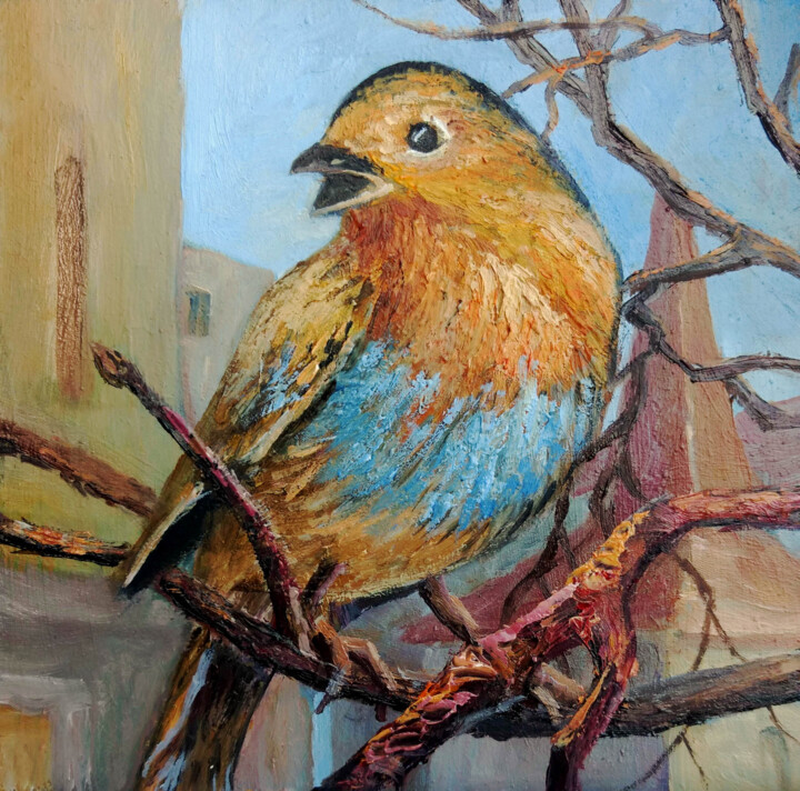 Картина под названием "Robin on a branch" - Tamara Rozinskay, Подлинное произведение искусства, Масло
