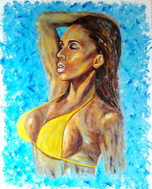 Painting titled "Summer woman. Oil p…" by Elena Tananaeva, Original Artwork, Oil Mounted on Wood Stretcher frame