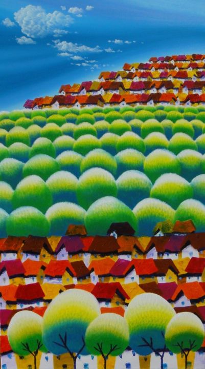Peinture intitulée "Blossom village 3" par Tanghonglee, Œuvre d'art originale