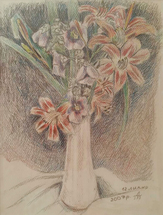 Drawing titled "Bouquet with lilies…" by Tanya Dolya, Original Artwork, Pencil Mounted on Wood Panel