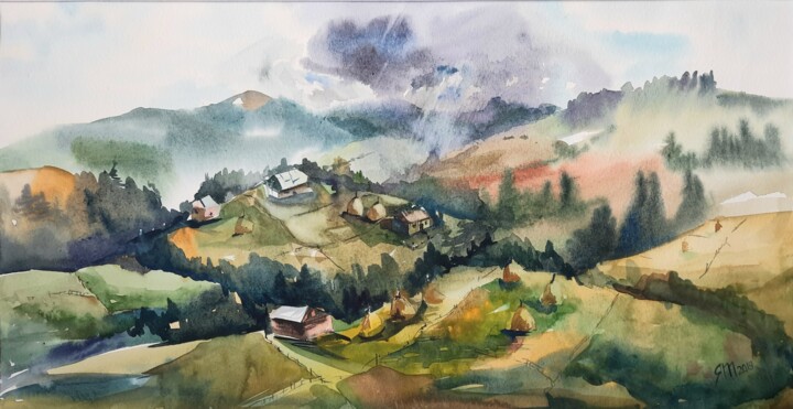 Pintura intitulada "Mountains and fields" por Tanya Yavorska, Obras de arte originais, Aquarela Montado em Outro painel rígi…