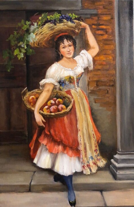 Painting titled "Девушка с виноградом" by Tatiana Rykova (Rosa), Original Artwork, Oil