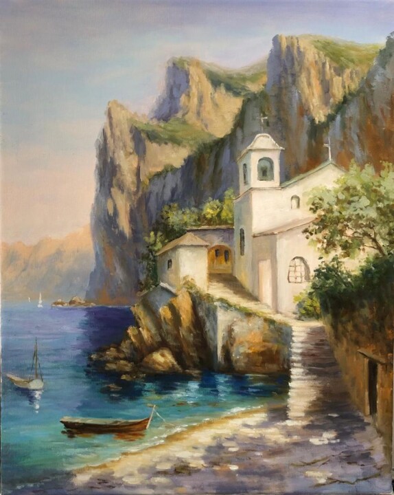 Painting titled "Монастырь у моря" by Tatiana Rykova (Rosa), Original Artwork, Oil