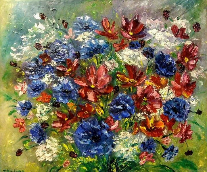 Painting titled "Flowers painting oi…" by Tatiana Krilova, Original Artwork, Oil