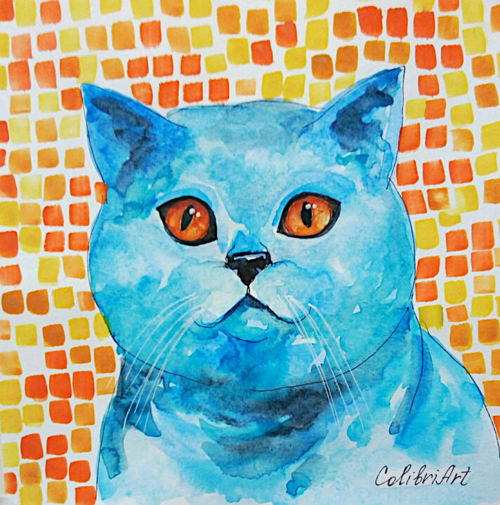 Painting titled "Cat Painting Pet Po…" by Tatiana Matveeva, Original Artwork, Watercolor