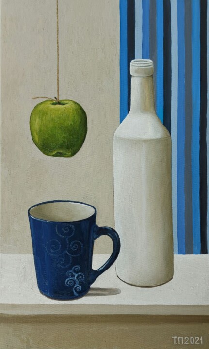 Painting titled "Blue mug and apple" by Tatiana Popova, Original Artwork, Oil Mounted on Wood Stretcher frame