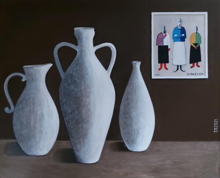 Pittura intitolato "Three pitchers and…" da Tatiana Popova, Opera d'arte originale, Olio Montato su Telaio per barella in le…