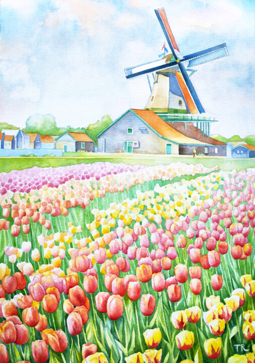 Картина под названием "Netherlands Field o…" - Tatiana Repesciuc, Подлинное произведение искусства, Акварель