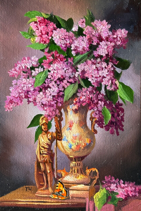 Painting titled "Miniature «Lilac»" by Tatjana Cechun, Original Artwork, Oil Mounted on Cardboard
