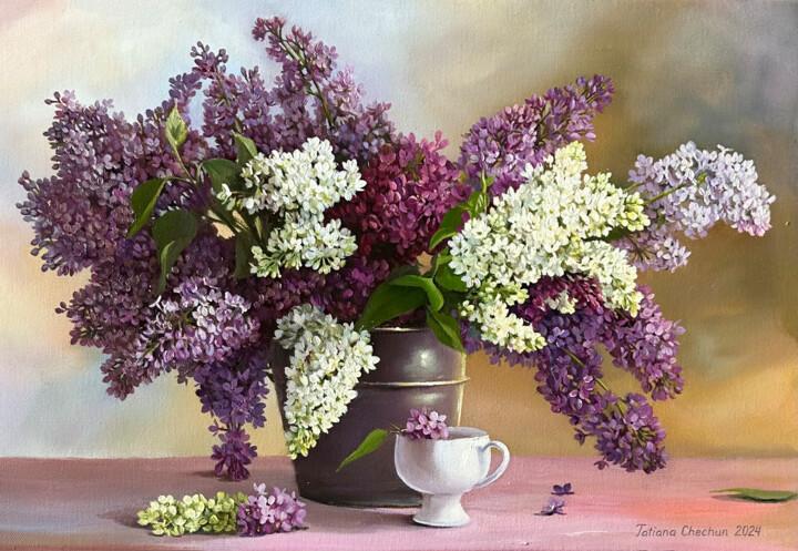 Pintura titulada "Lilac in a bucket" por Tatjana Cechun, Obra de arte original, Oleo