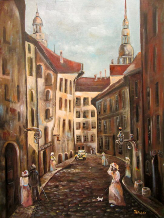 Painting titled "Riga. old street" by Tatjana Gurbo, Original Artwork, Oil