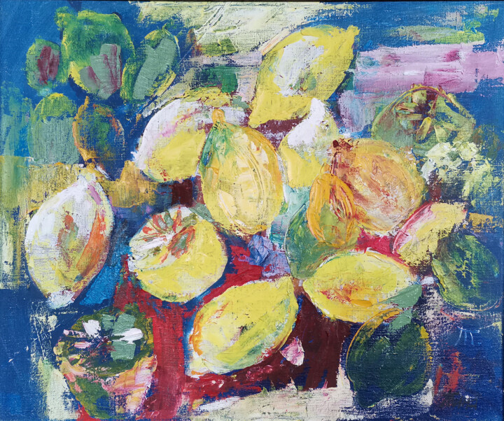 Painting titled "Lemons" by Tatyana Ermolchik, Original Artwork, Oil Mounted on Wood Stretcher frame