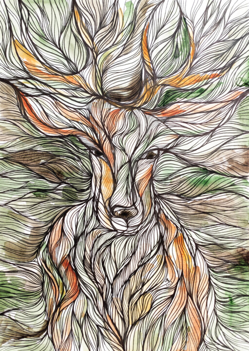 Peinture intitulée "Deep forest. Deer" par Tatyana Mustafina (MUSTA), Œuvre d'art originale, Aquarelle