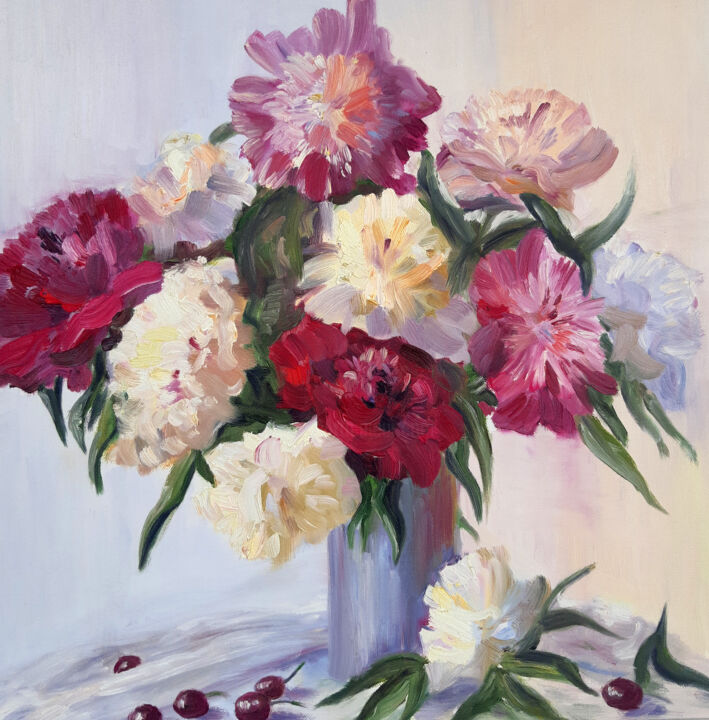 Painting titled "Peonies" by Tatyana Pertsel, Original Artwork, Oil Mounted on Wood Stretcher frame
