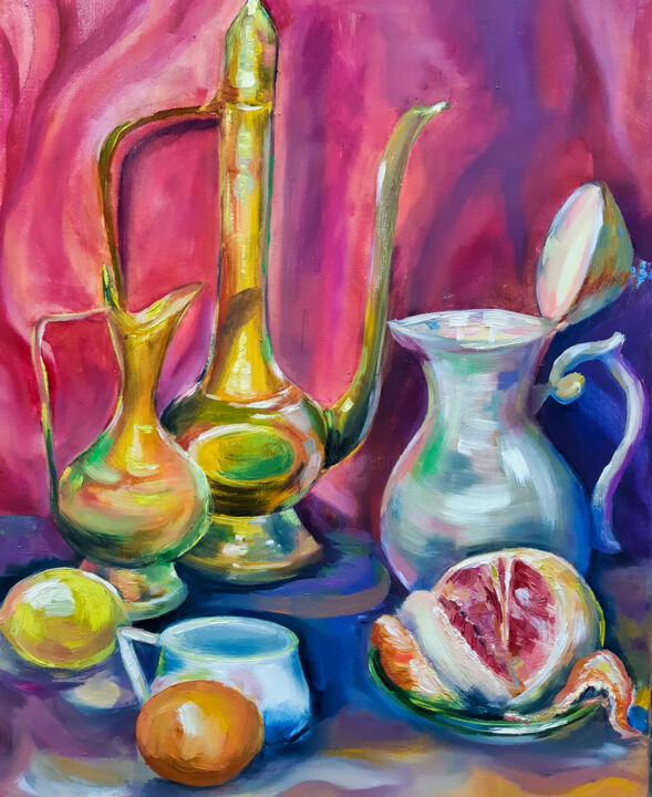 Malarstwo zatytułowany „Still Life with Jugs” autorstwa Tatyana Pertsel, Oryginalna praca, Olej Zamontowany na Drewniana ram…