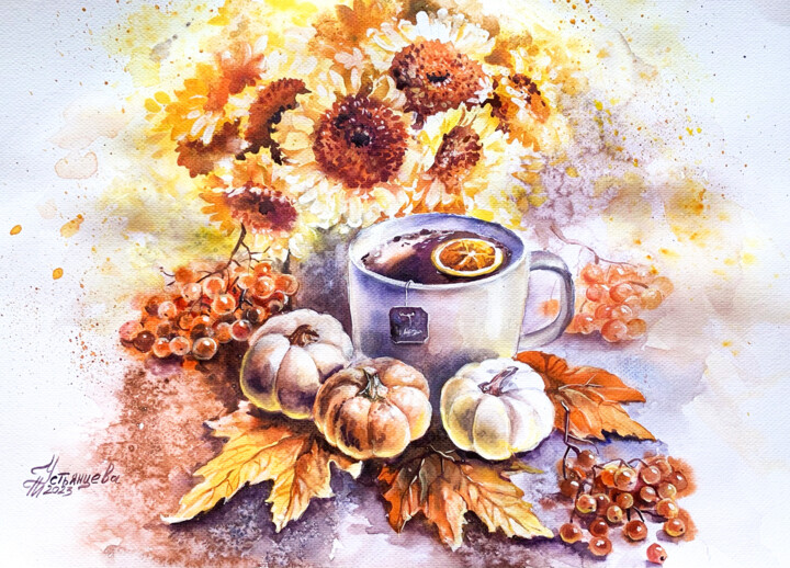 Malarstwo zatytułowany „Autumn still life w…” autorstwa Tatyana Ustyantseva, Oryginalna praca, Akwarela