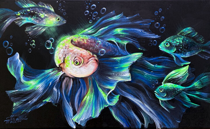 Malarstwo zatytułowany „Fish acrylic painti…” autorstwa Tatyana Ustyantseva, Oryginalna praca, Akryl
