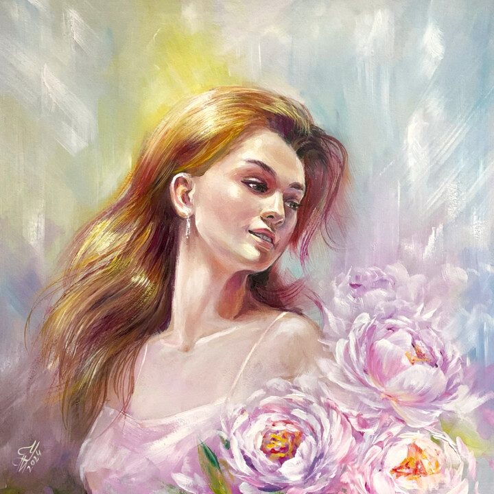 Pintura titulada "Woman and peonies" por Tatyana Ustyantseva, Obra de arte original, Oleo