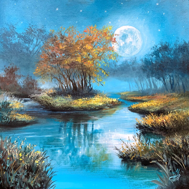 Schilderij getiteld "Night Lake" door Tatyana Ustyantseva, Origineel Kunstwerk, Olie