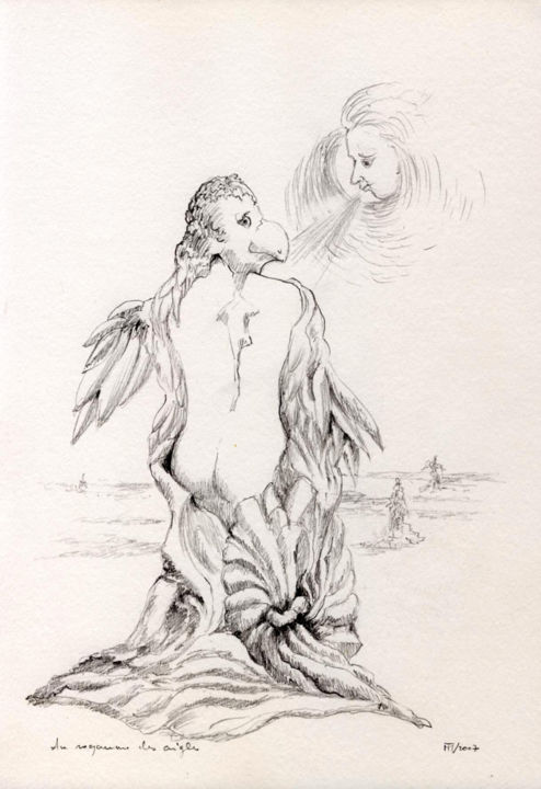 Dessin intitulée "Au royaume des aigl…" par Michel Tava, Œuvre d'art originale, Crayon