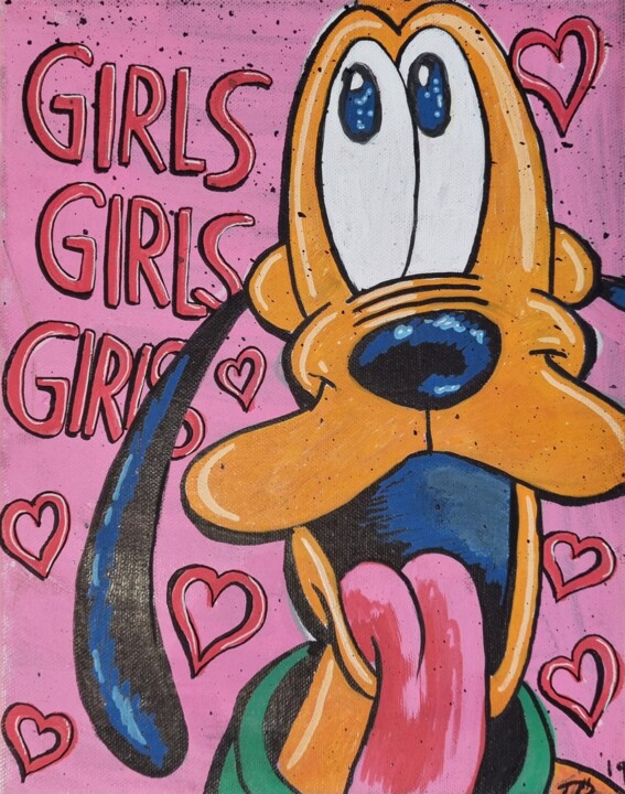 Peinture intitulée "Pluto And The 3 Gir…" par Tb, Œuvre d'art originale, Acrylique