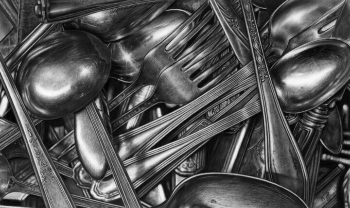 Dibujo titulada "Silverware" por Teresa Payne Art, Obra de arte original, Carbón