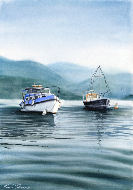 "Boats on Lago d’Ort…" başlıklı Tablo Tetiana Koda tarafından, Orijinal sanat, Suluboya