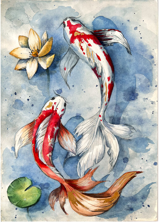 Peinture intitulée "Goldfish in the pond" par Tetiana Zelinska, Œuvre d'art originale, Aquarelle