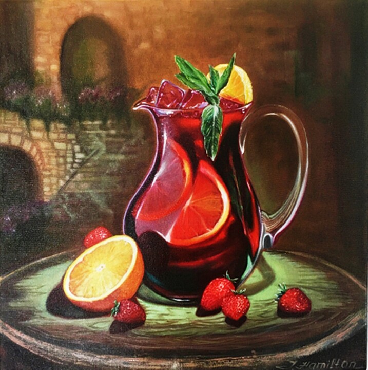 Gravures & estampes intitulée "Red Sangria Decanter" par Tetyana Hamilton, Œuvre d'art originale, Huile Monté sur Châssis en…