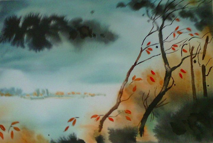 Painting titled "ORAGE..." by Thérese Hanot, Original Artwork, Watercolor