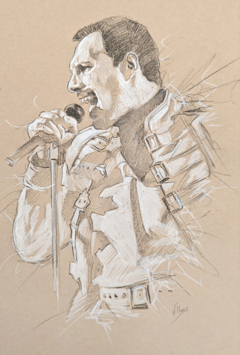 Dessin intitulée "Freddie Mercury" par Thierry Villers, Œuvre d'art originale, Crayon