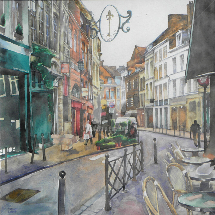 Painting titled "Rue de la Clef-Lille" by Thomas Liébart, Original Artwork, Watercolor