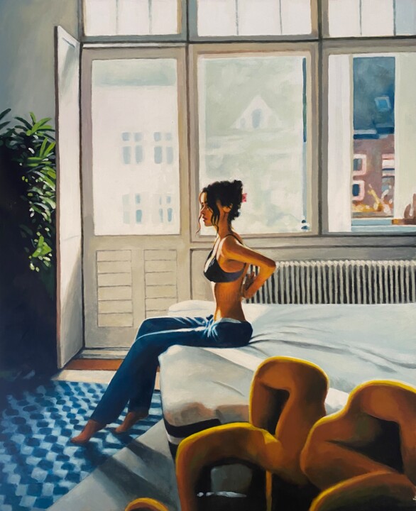 Painting titled "Girl sitting on a b…" by Thomas Saliot, Original Artwork, Oil