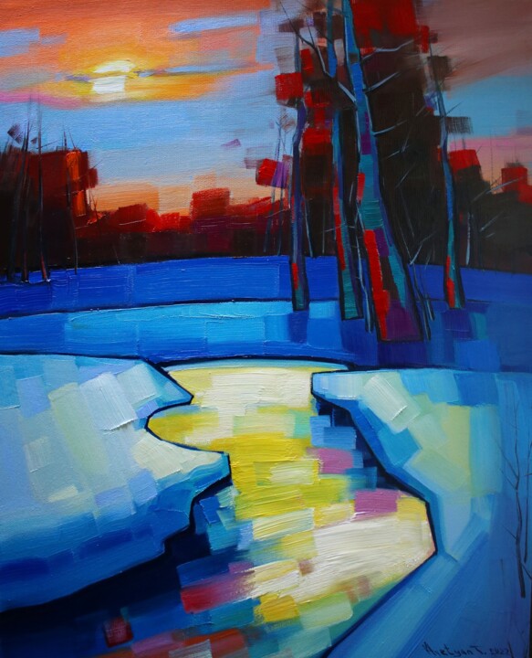 Painting titled "Winter evening(40x5…" by Tigran Aveyan, Original Artwork, Oil Mounted on Wood Stretcher frame
