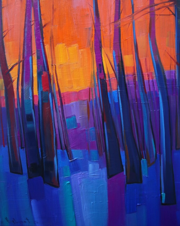 Painting titled "Winter sunset(40x50…" by Tigran Aveyan, Original Artwork, Oil Mounted on Wood Stretcher frame