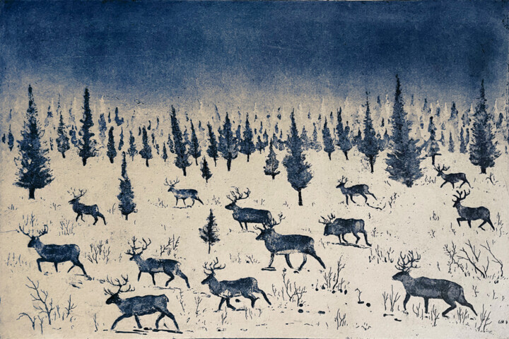 Obrazy i ryciny zatytułowany „Where Reindeer Roam” autorstwa Tim Southall, Oryginalna praca, Akwaforta