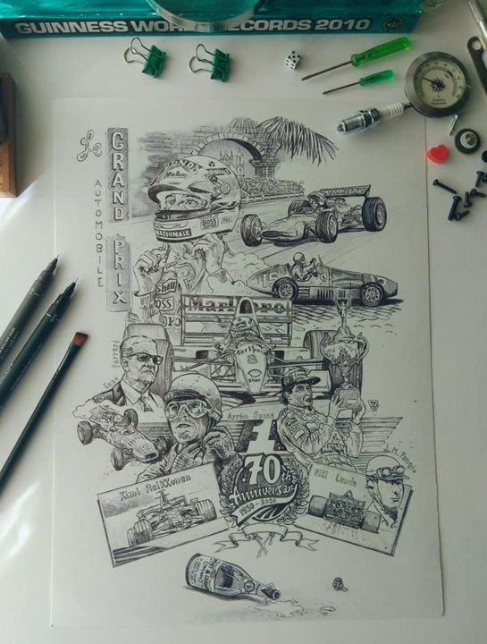 Dessin intitulée "FORMULA 1 70 YEARS…" par Timo Mass, Œuvre d'art originale, Encre